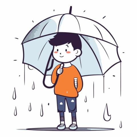 Cute little boy holding an umbrella in rainy weather.