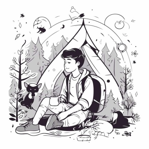 Young man sitting near his tent in the forest.