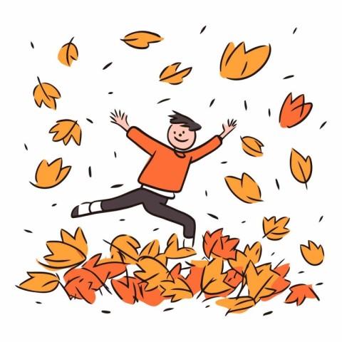 Happy boy jumping in autumn leaves in doodle style.