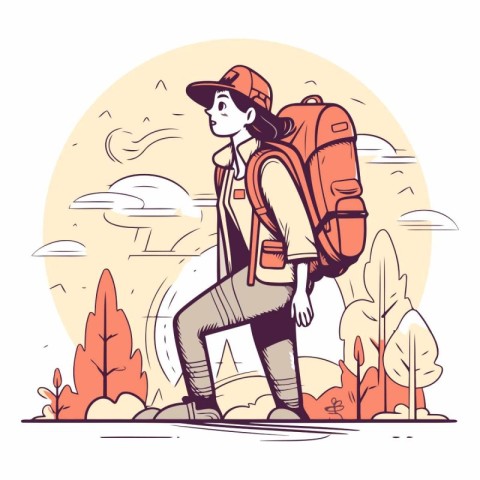 Vector illustration of a hiker with a backpack walking on the ro