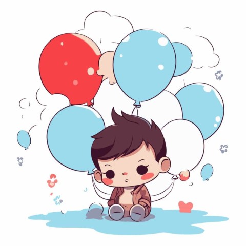 Cute little boy playing with balloons and hearts.