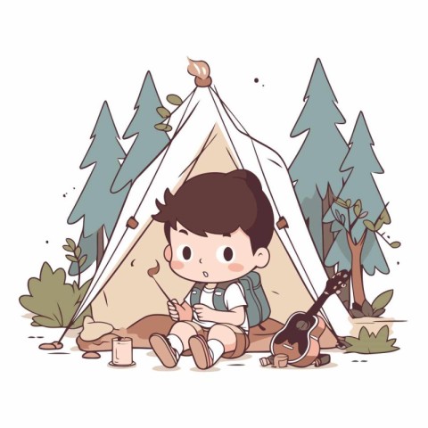 Boy playing guitar and sitting near tent in the forest vector il