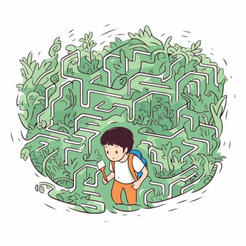 cute little boy with backpack in the maze vector illustration gr