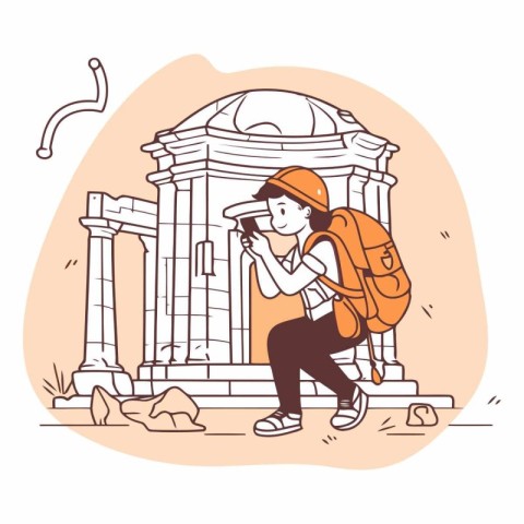 Traveler with backpack and hat standing near ancient building.