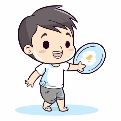 Boy holding a plate with scrambled eggs isolated on white backgr