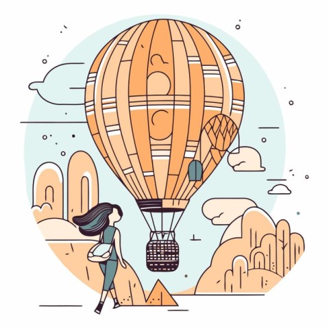 Vector illustration of a girl flying on a hot air balloon in the