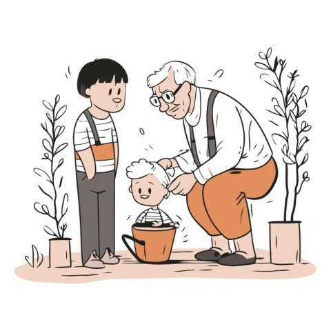 Grandfather and grandson watering plants in sketch style.