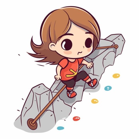 Cute little girl climbing on the rock. Cartoon vector illustrati