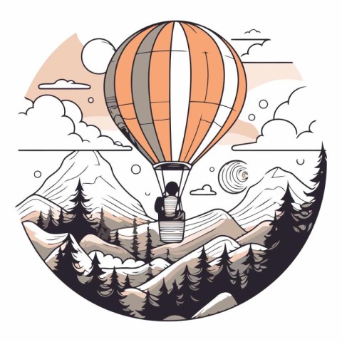 Hot air balloon flying over the mountains in cartoon style.