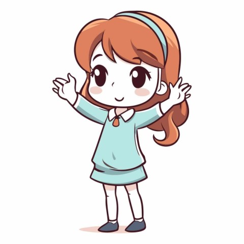 Cute little girl waving hand in cartoon style.