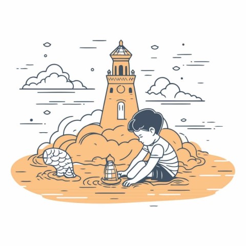 Vector illustration of a boy playing with sand in front of a lig