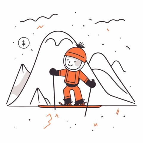 Vector illustration of a boy skiing in the mountains. Line art s