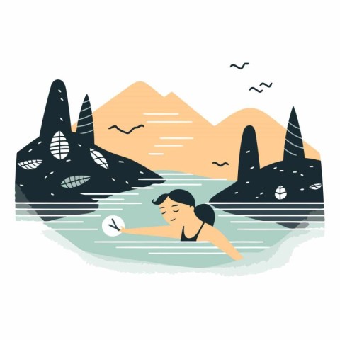 Illustration of a woman swimming in the sea.