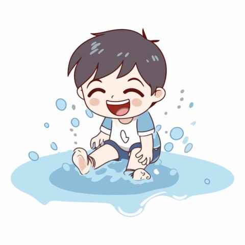 Boy playing in the water. Cute cartoon character.