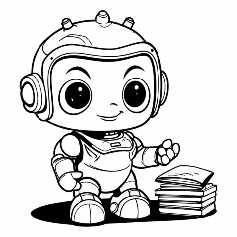 Cute astronaut with books - black and white vector illustration