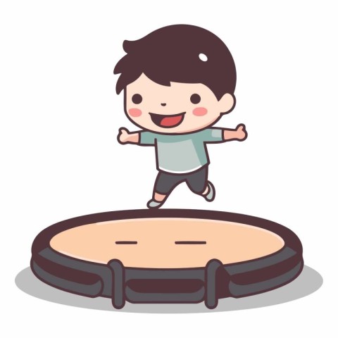 Cartoon boy playing tambourine on white background.