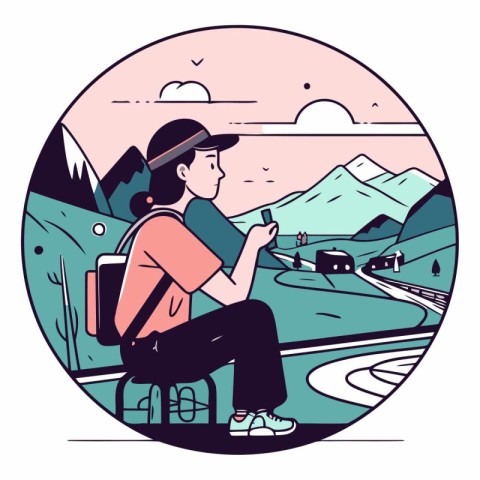 Hiker with a backpack on the road in a flat style