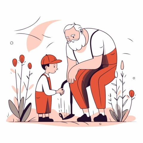 Grandfather and grandson spend time together in cartoon style