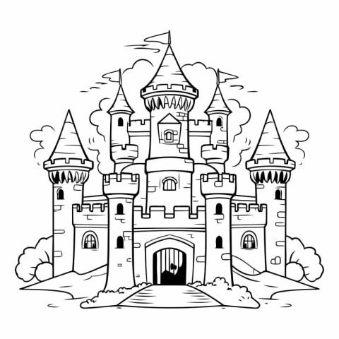 Fairytale castle. Black and white vector illustration for colori