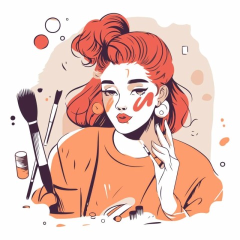 Beautiful girl applying make-up in sketch style.