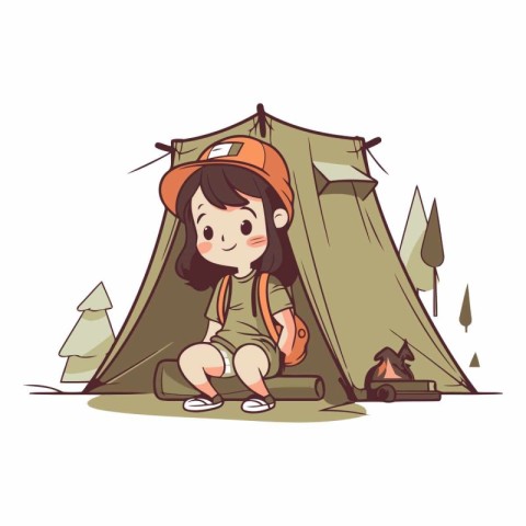 Cute little girl sitting in a camping tent.