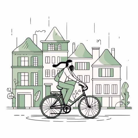 Young woman riding a bicycle in the city. Vector hand drawn illu