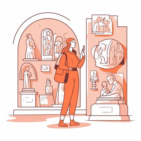 Woman with backpack looking at ancient statues in the museum