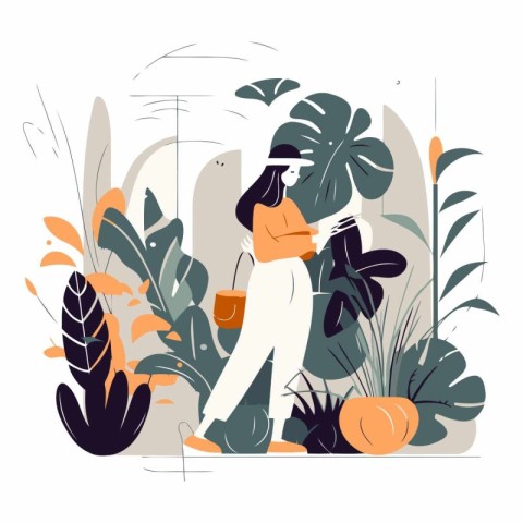 Vector illustration of a young woman walking in the garden. Flat