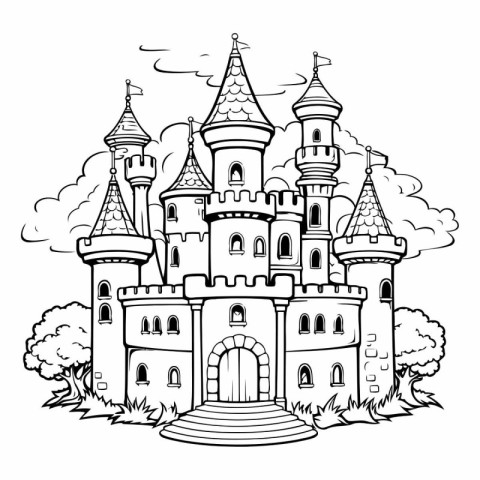 Castle. Fairytale castle. Black and white vector illustration.