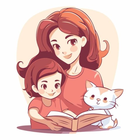 Mother reading book with her daughter and cat in cartoon style.