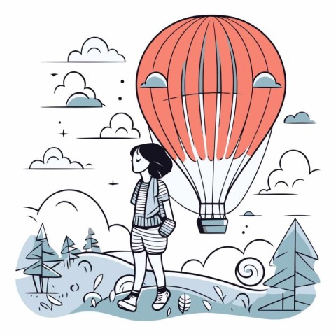 Girl in the air balloon in a flat style.