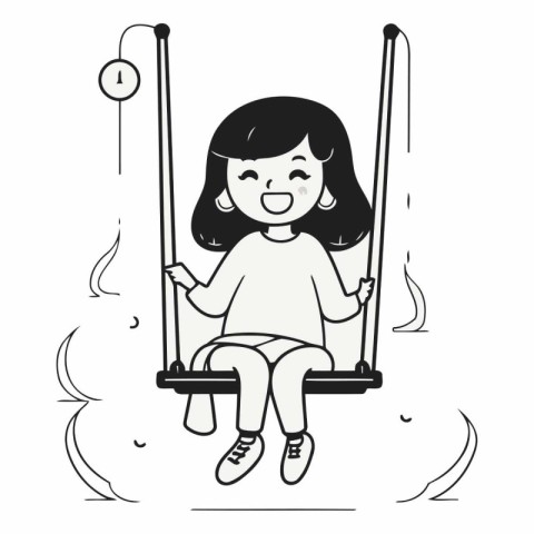 Cute little girl sitting on a swing in cartoon style.