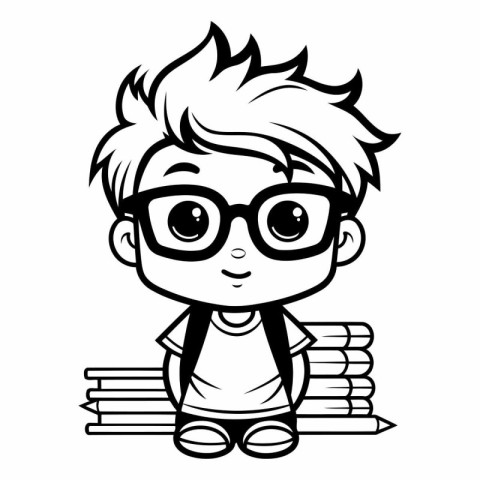 Cute Boy Student with Books - Black and White Cartoon Illustrati