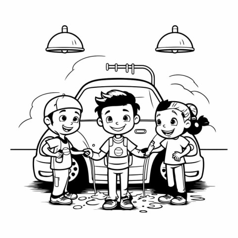 Cartoon kids with backpacks and a car.