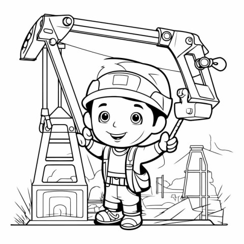 Black and White Cartoon Illustration of Cute Little Boy Construc