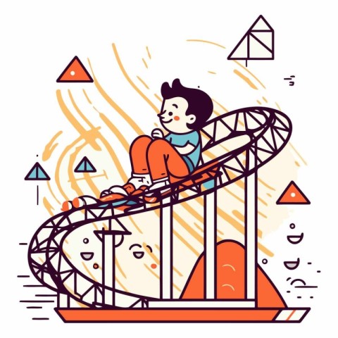 Boy riding a roller coaster in flat cartoon style.