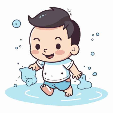 Cute baby boy playing in the water cartoon vector illustration g