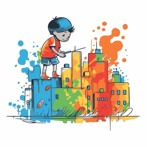 Vector illustration of a boy playing with watercolor paints on t