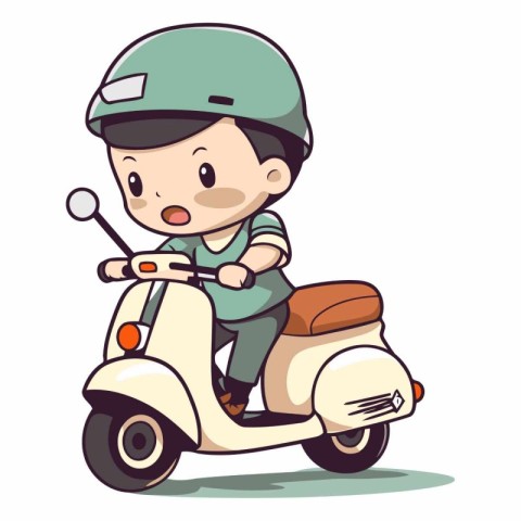 Illustration of a Boy Riding a Vintage Scooter on White Backgrou