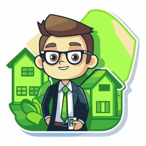 Businessman with Smartphone and House - Vector Cartoon Character