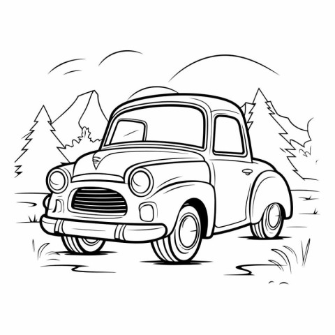 vintage car in the mountains. hand drawn design