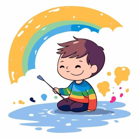 Cute little boy playing with rainbows and rainbows illustration.