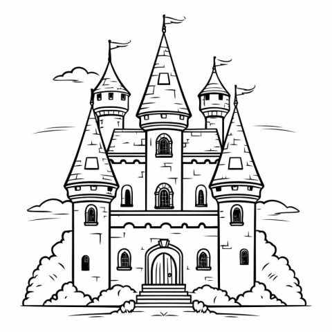 Cartoon castle. Black and white vector illustration for coloring