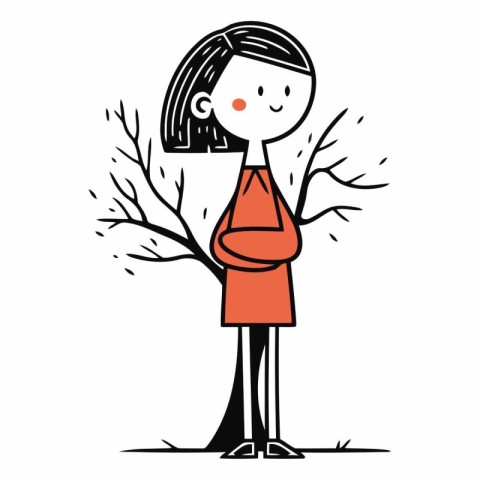 Vector illustration of a woman standing next to a tree and holdi