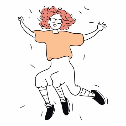 Happy girl jumping in the air in sketch style.