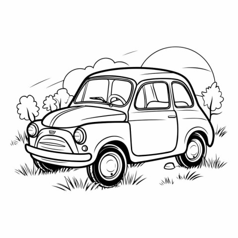 Retro car on the grass. Black and white vector illustration.