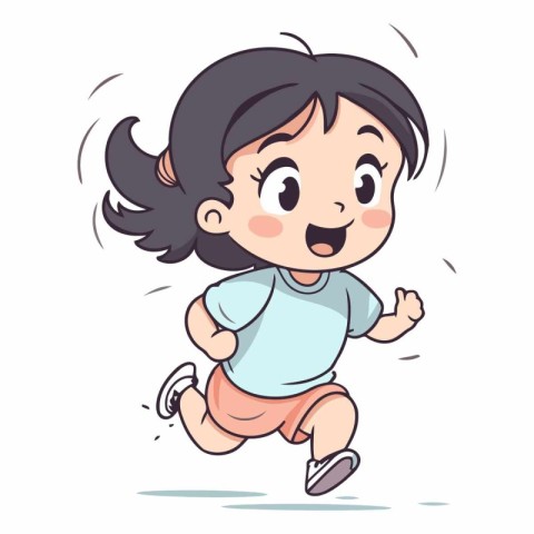 Illustration of a Cute Little Girl Running and Cheerfully Runnin