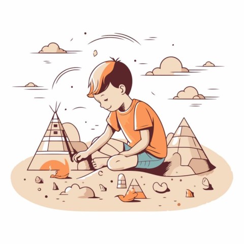 Little boy playing with sand and stones in cartoon style