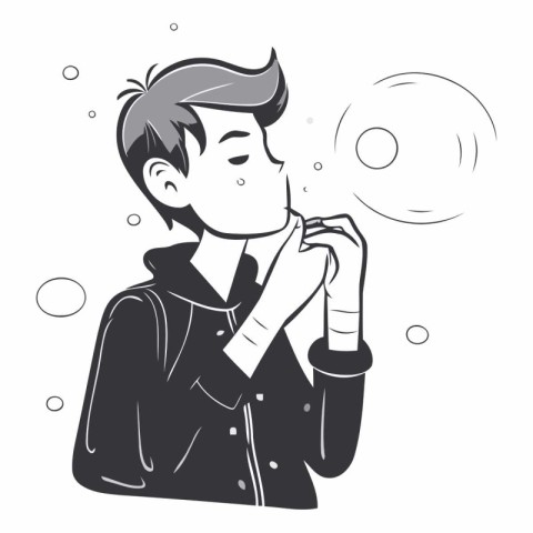 Young man blowing soap bubbles. Black and white vector illustrat