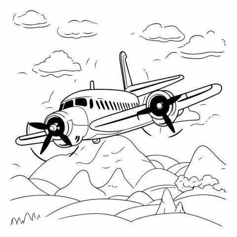 Airplane in the sky. Black and white vector illustration for col